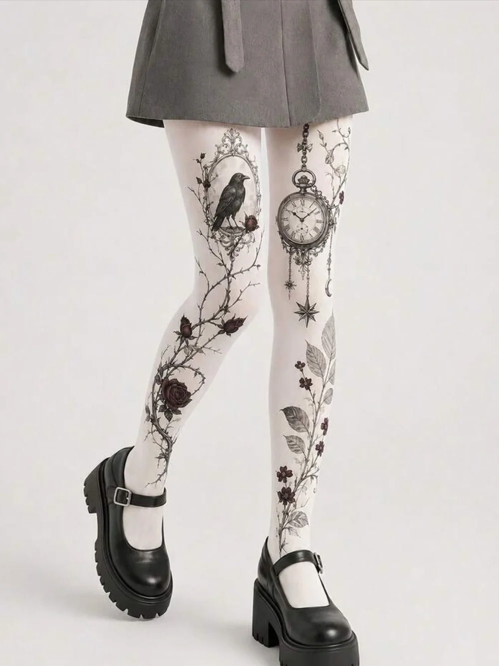 Women's White Velvet Crow & Pocket Watch Print Tights - Gothic Rose Vine